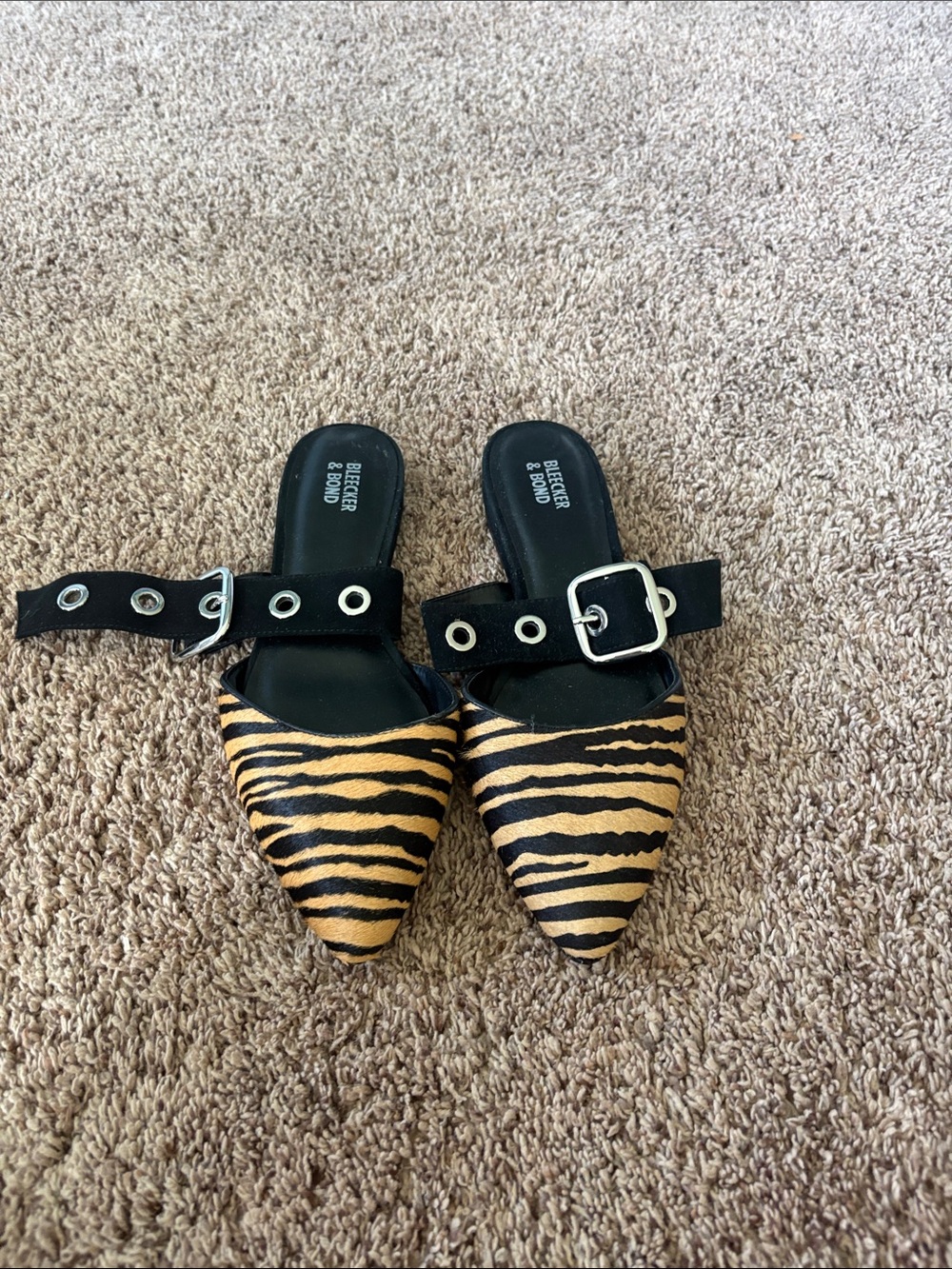 Breckelle & Bond Tiger Print Pointed Mule Flats with Black Buckle Strap